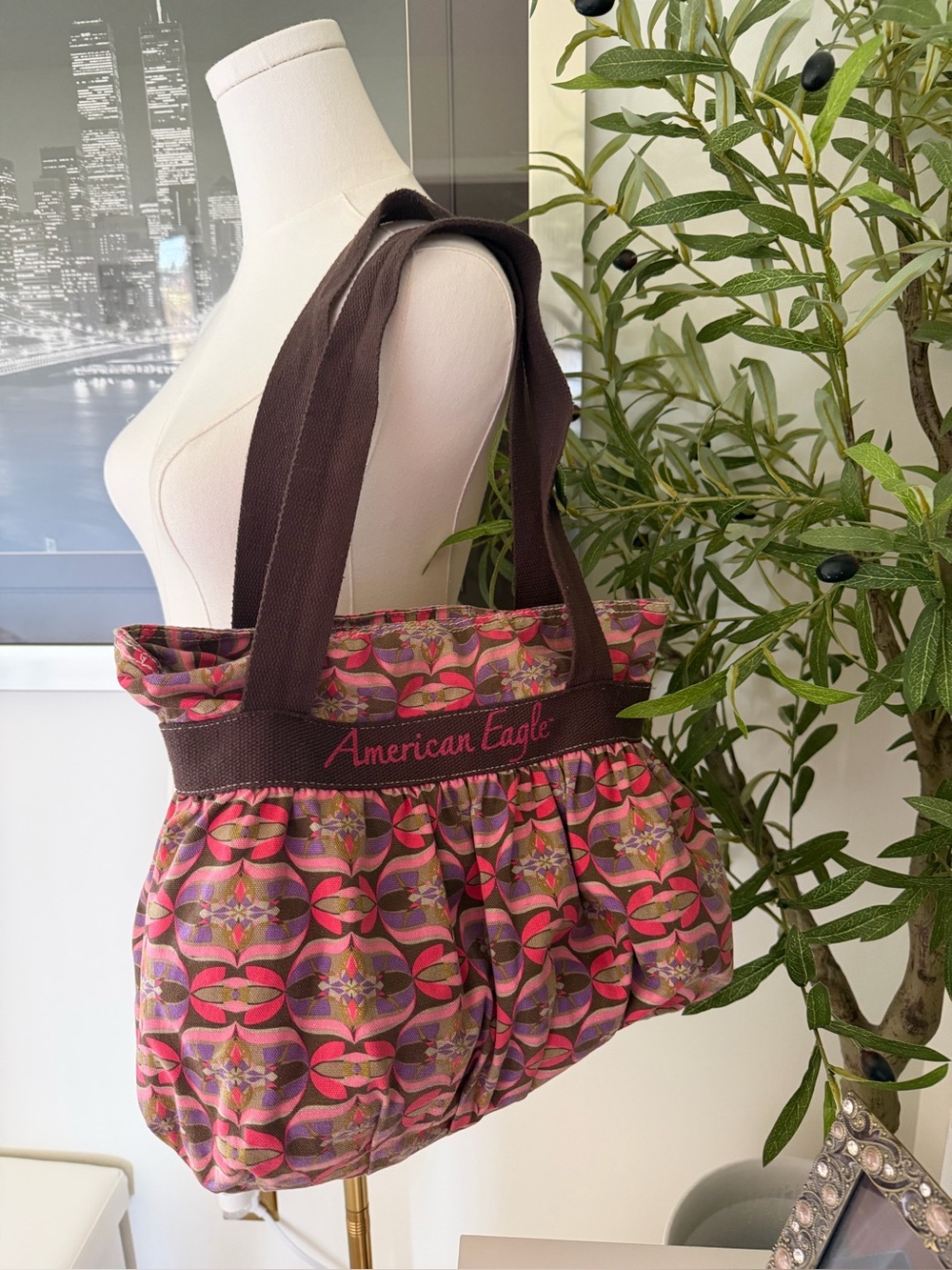 American Eagle Boho Print Tote Bag Pink Brown Shoulder Bag Y2K Style